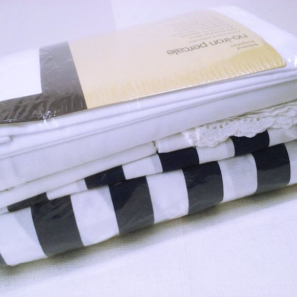 Vintage 80s Deadstock Westpoint Stevens 4-pc KING Sheet Set Bold Navy Stripe - Picture 6 of 9